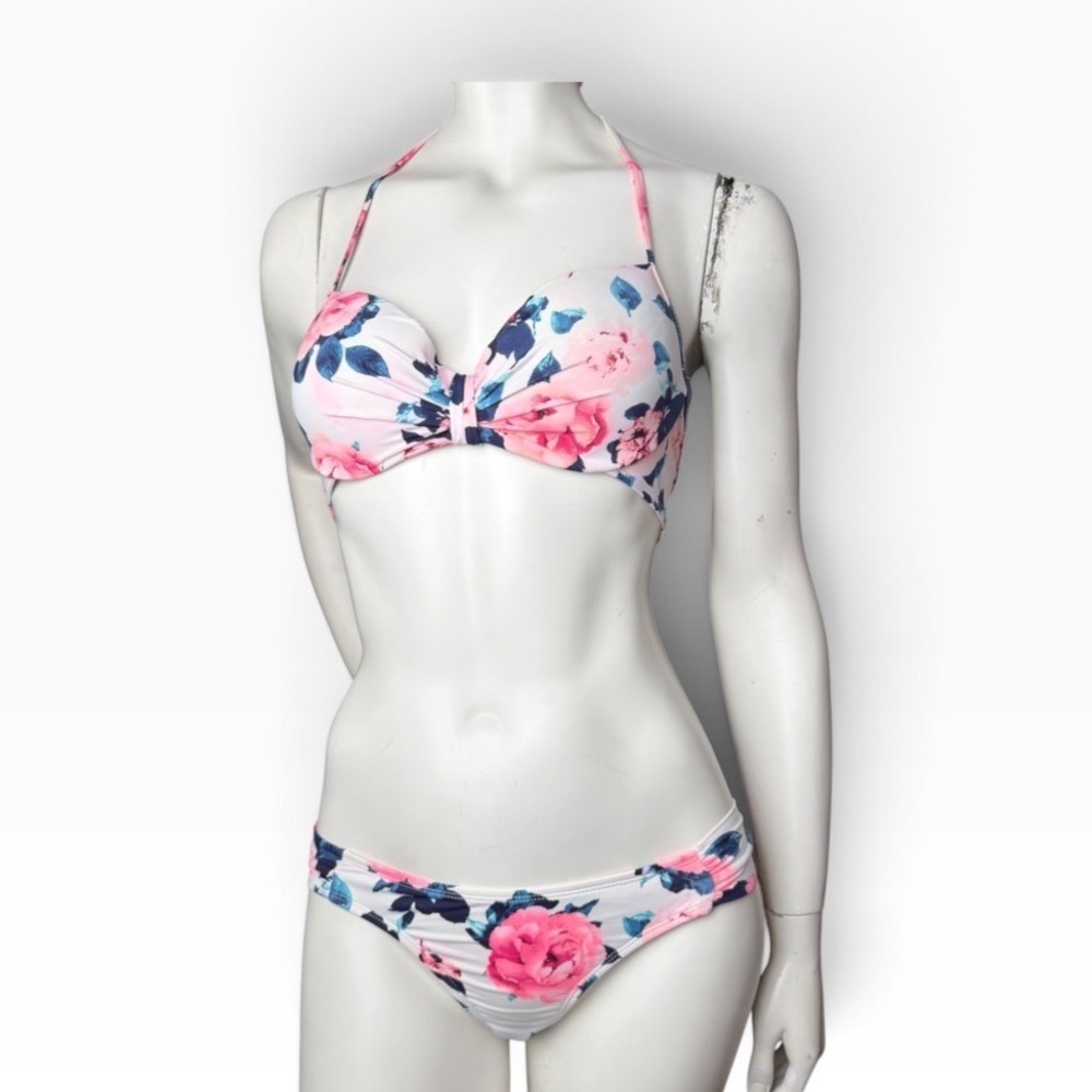 Ardene Bikini Set Floral Halter Underwire Pink Navy Tropical Coquette Romantic S